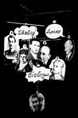 Mobile mit verschiedenen Philosophenportraits und Sprechblasen mit der Aufschrift 'Dialog' in Deutsch, Russisch und Englisch